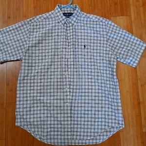 Ralph Lauren, tan/navy blue, short sleeve button up shirt. Size L